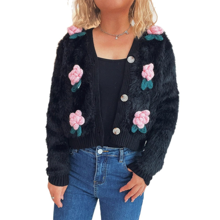 Damen Strickjacke mit floralen Applikationen und weichem Material WW