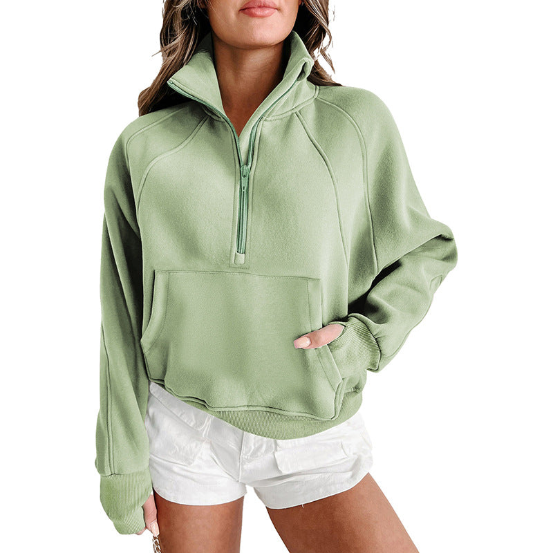 Damen lässiger Pullover mit halbem Reißverschluss und praktischen Taschen WW