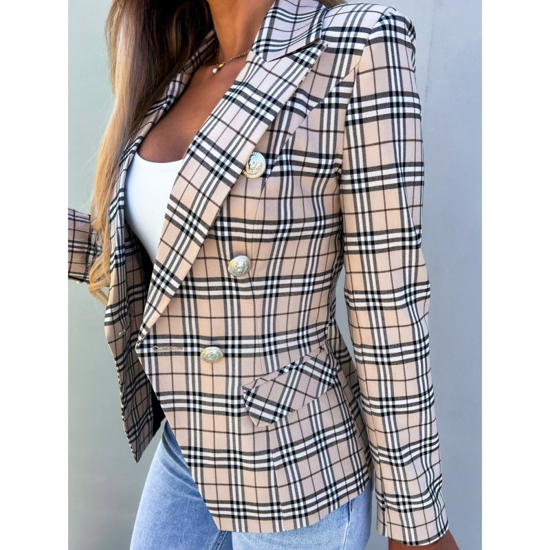 Damen Karierter Blazer im modernen Schnitt mit doppelter Knopfreihe und eleganten Details WW