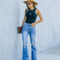 Damen Schlagjeans mit Distressed-Details und hohem Bund WW