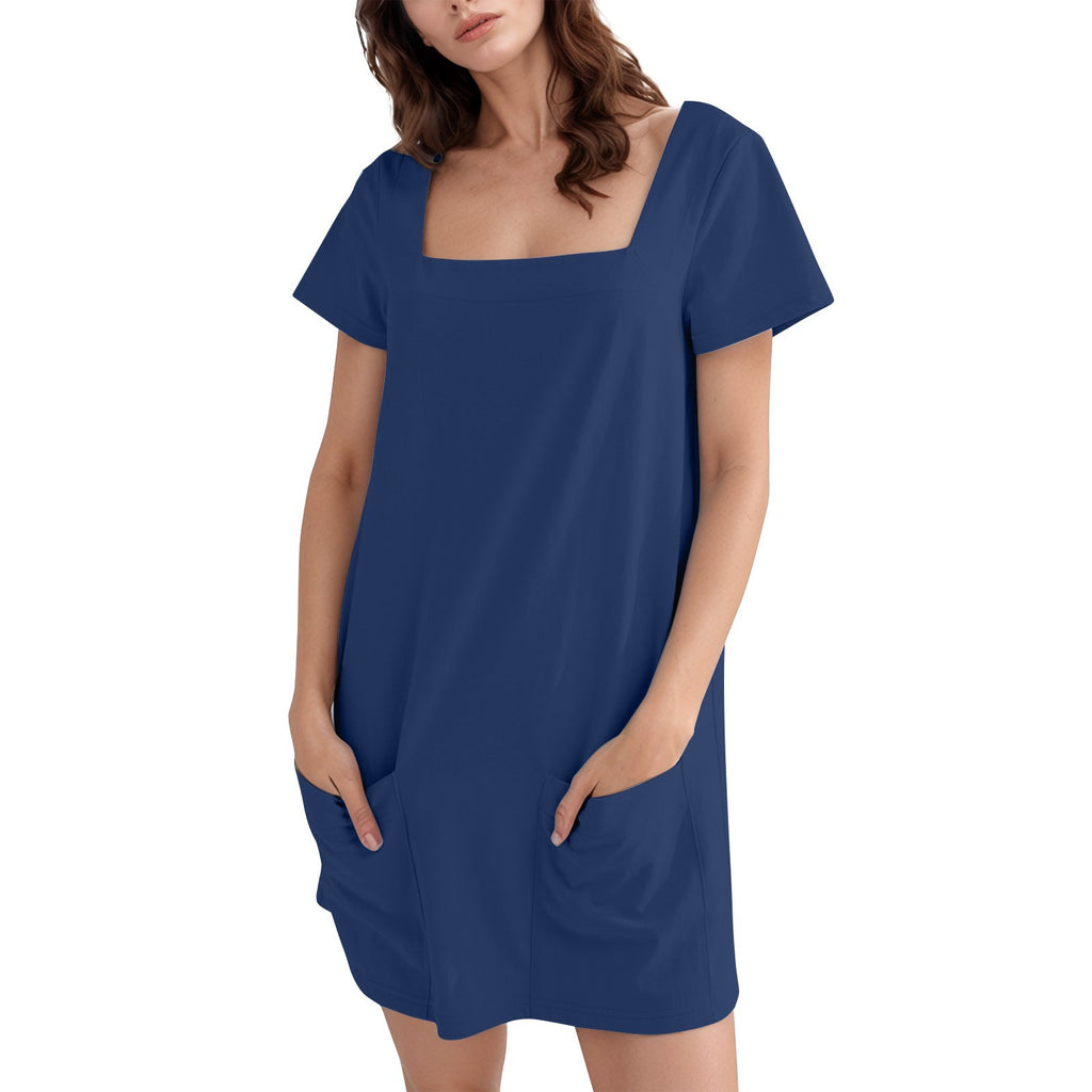 Damen lässiges Tunika-Kleid mit praktischen Taschen und Quadrat-Ausschnitt WW