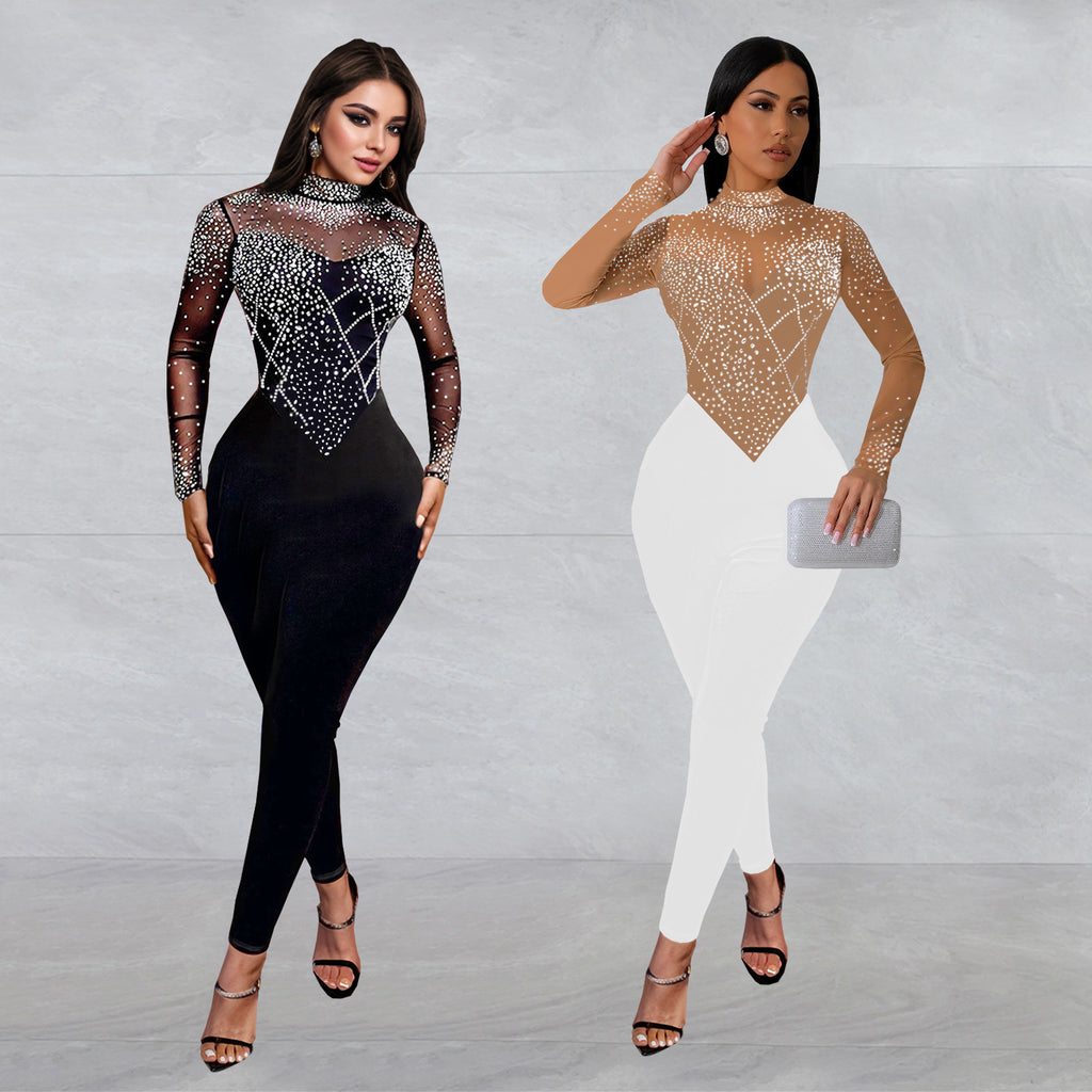 Damen Glamouröser Bodycon Jumpsuit mit transparentem Mesh und glitzernden Strassverzierungen WW
