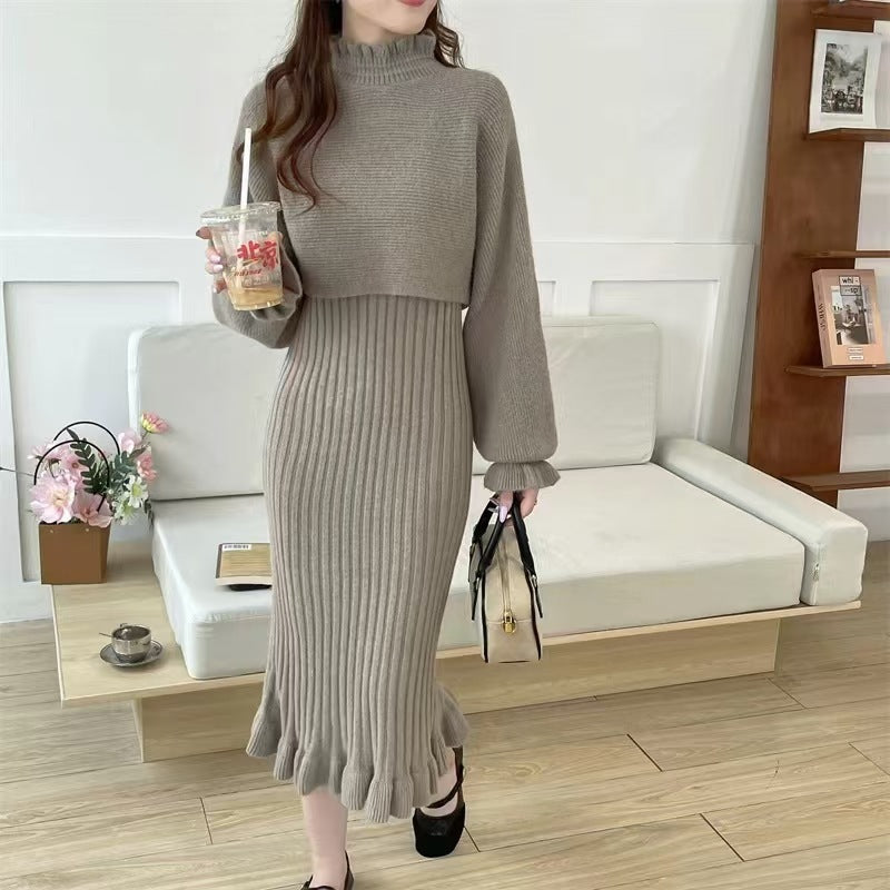 Damen Strickkleid mit hochgeschlossenem Kragen und Rippstruktur WW