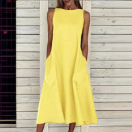 Damen lässiges Midi-Kleid mit tiefem Ausschnitt und praktischen Taschen WW