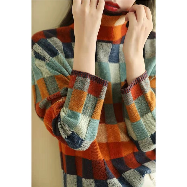 Damen Strickpullover mit modernem Karomuster und hohem Kragen WW