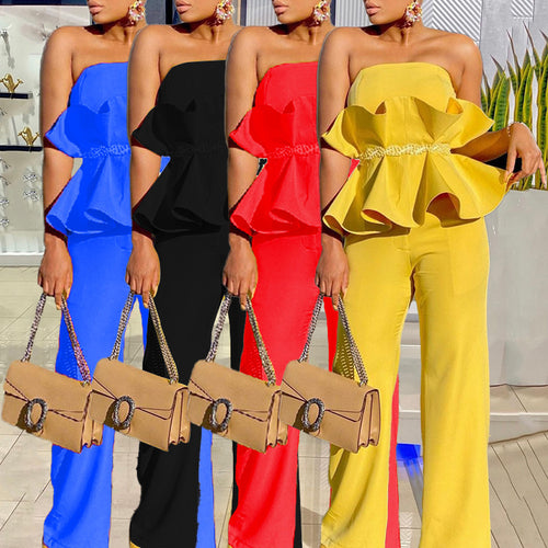 Damen Jumpsuit mit voluminösem Rüschendesign und schulterfreiem Oberteil WW