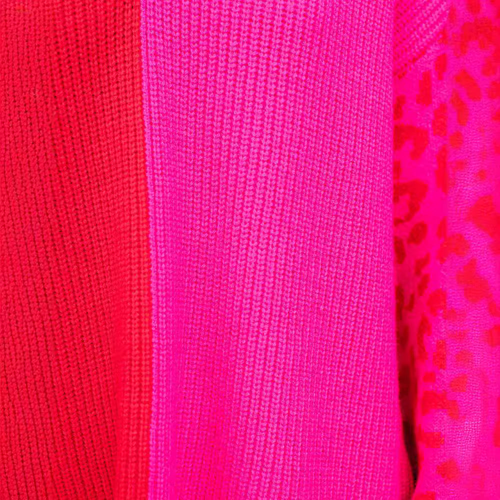 Damen farbenfroher Pullover im modischen Blockfarben-Design mit Leopardenmuster WW