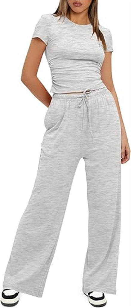 Damen lässiger Zweiteiler mit cropped Oberteil und weitem Beinkleid WW