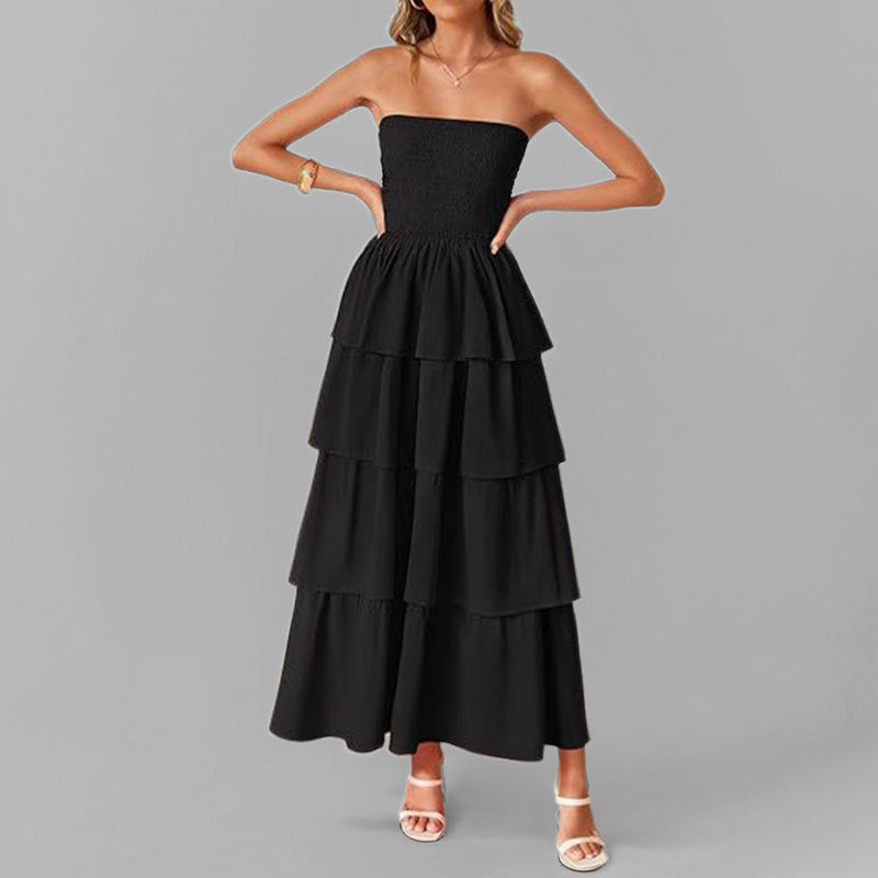 Damen Maxikleid mit schulterfreiem Design und voluminösen Rüschenschichten W&W Mode