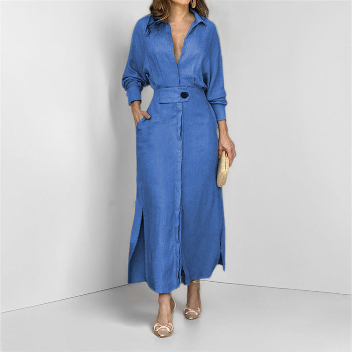 Damen Hemdblusenkleid mit tiefem V-Ausschnitt und eleganter Knopfdetail W&W Mode