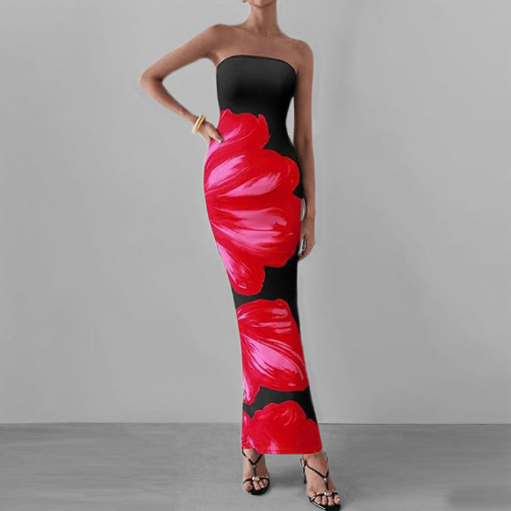 Anmutiges Blumenmuster Schulterfreies Figurbetontes Kleid W&W Mode