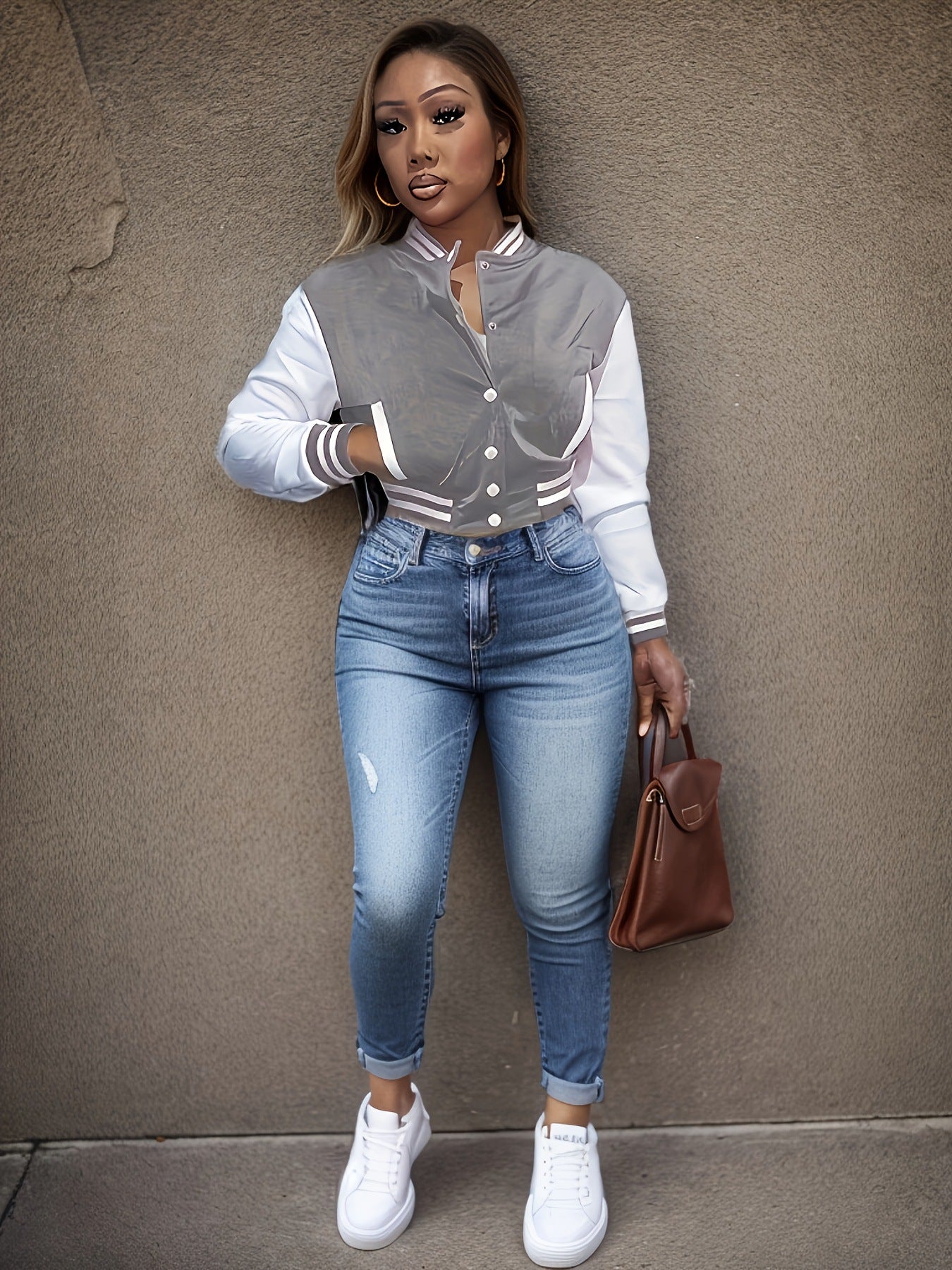 Damen Sportliche Varsity-Jacke mit Kontrastdetails und Knopfleiste WW