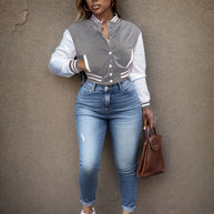 Damen Sportliche Varsity-Jacke mit Kontrastdetails und Knopfleiste WW