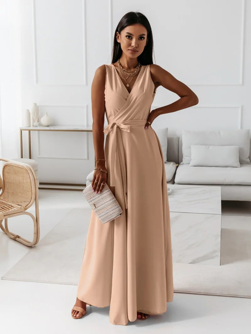 W&W Mode | Damen Einfarbiges V-ausschnitt Langes Kleid