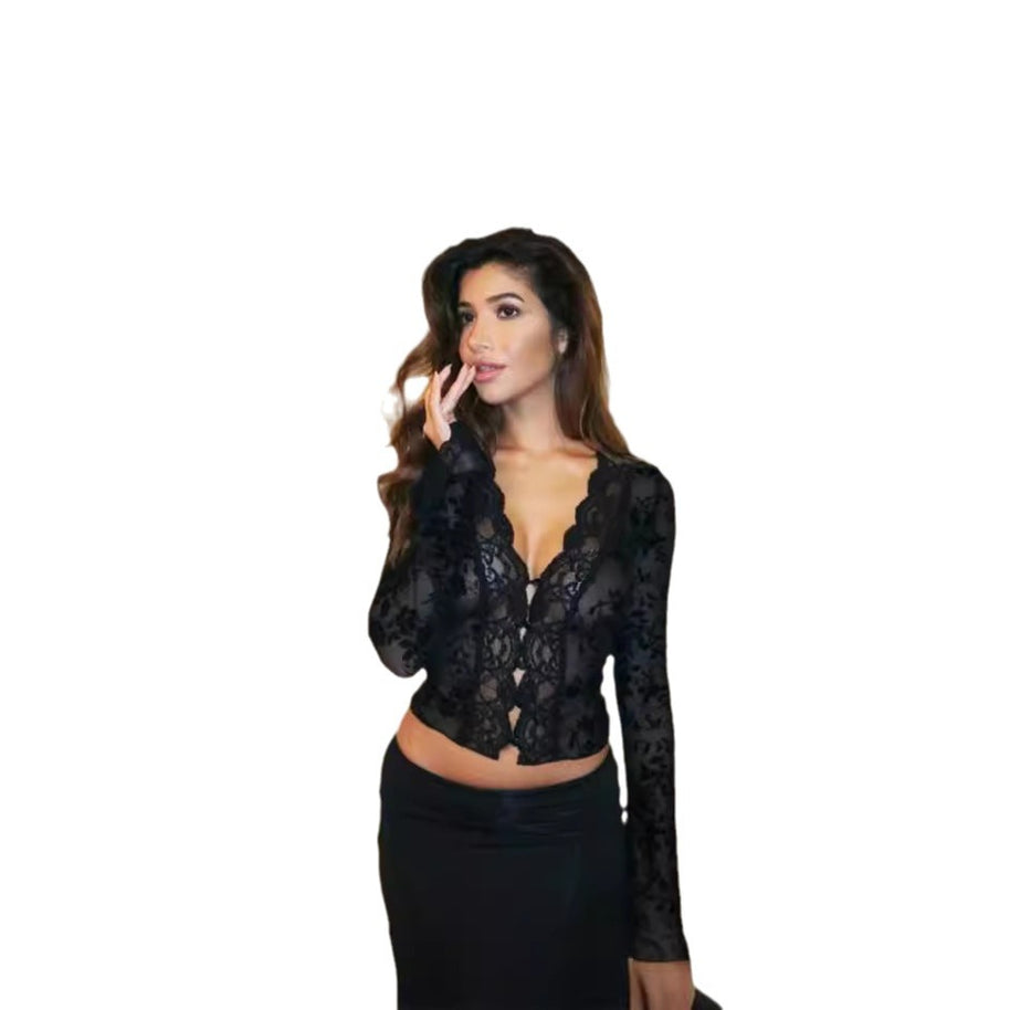 Damen Spitzenbluse mit Leopardmuster und romantischen Rüschen WW