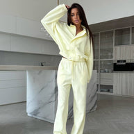 Damen sportlicher Fleece-Zweiteiler mit modernem Stehkragen und elastischem Bund WW