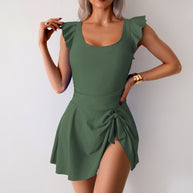 Damen Badeanzug mit eleganten Rüschen und asymmetrischem Rockteil WW