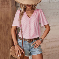 Damen Bluse mit dekorativem Lochmuster und elegantem V-Ausschnitt WW