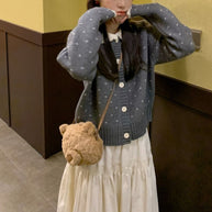 Damen Strickjacke mit Rüschenkragen und Knopfdetails WW