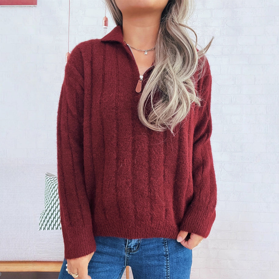 Damen Strickpullover mit kurzer Reißverschlussleiste und Wellenstruktur WW