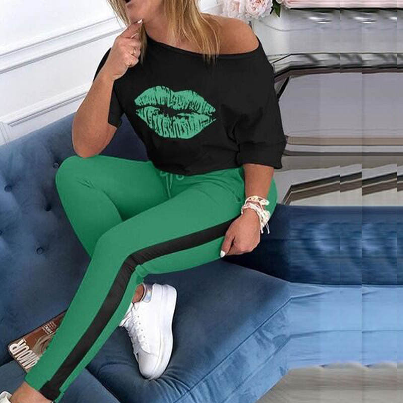Damen Casual Grafik Lippen-Druck Top und Track Pant Set WW
