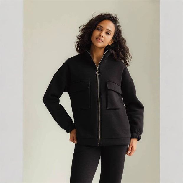 Damen bequeme Fleece-Jacke mit hohem Kragen und praktischen Taschen WW