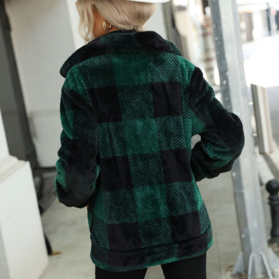 Damen Plüsch-Hoodiejacke mit trendigem Karomuster und praktischen Reißverschlusstaschen WW