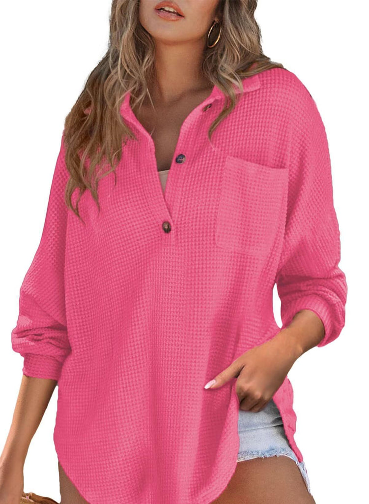 Damen Waffelstruktur Bluse mit Knopfleiste WW