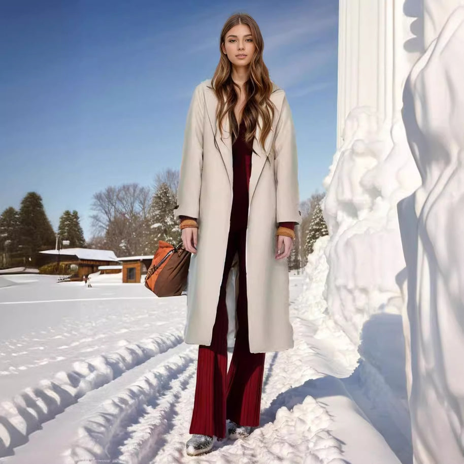 Damen stilvoller mantel mit breitem Kragen und Taillengürtel WW