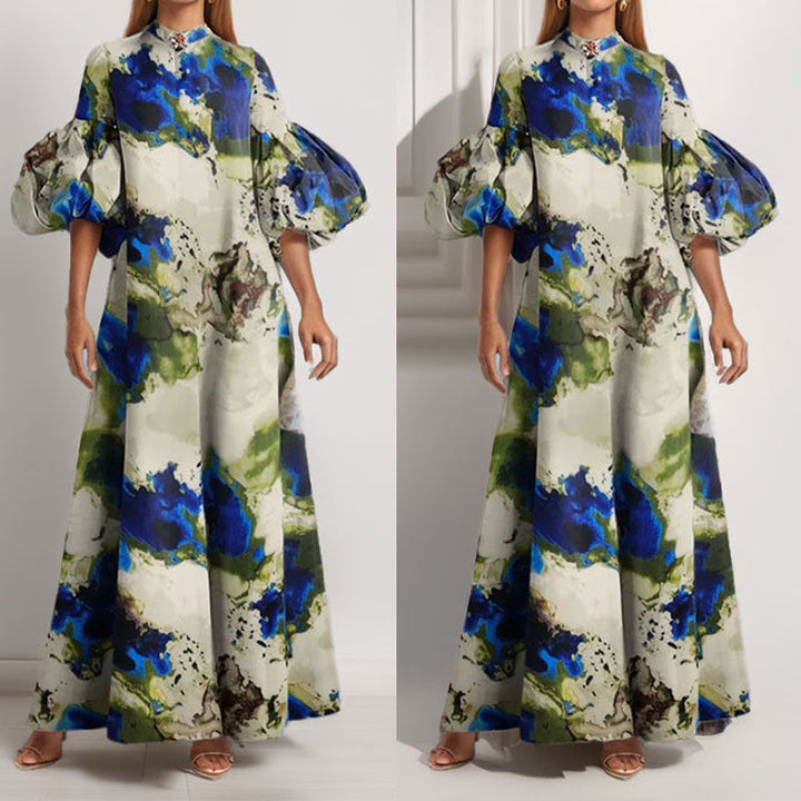 Damen Maxi-Kleid mit Volantärmeln und abstraktem Muster W&W Mode