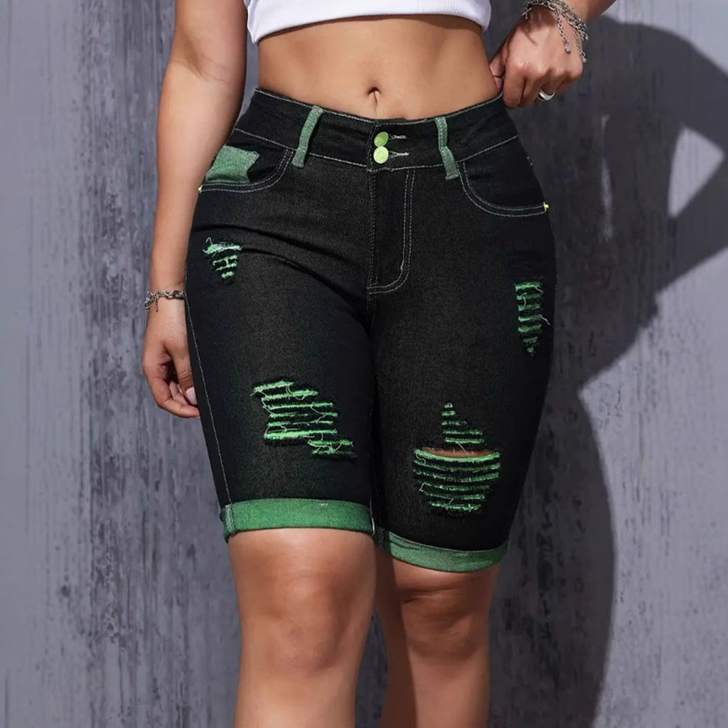 Damen Biker-Shorts aus Jeans mit Destroyed-Details und hohem Bund WW