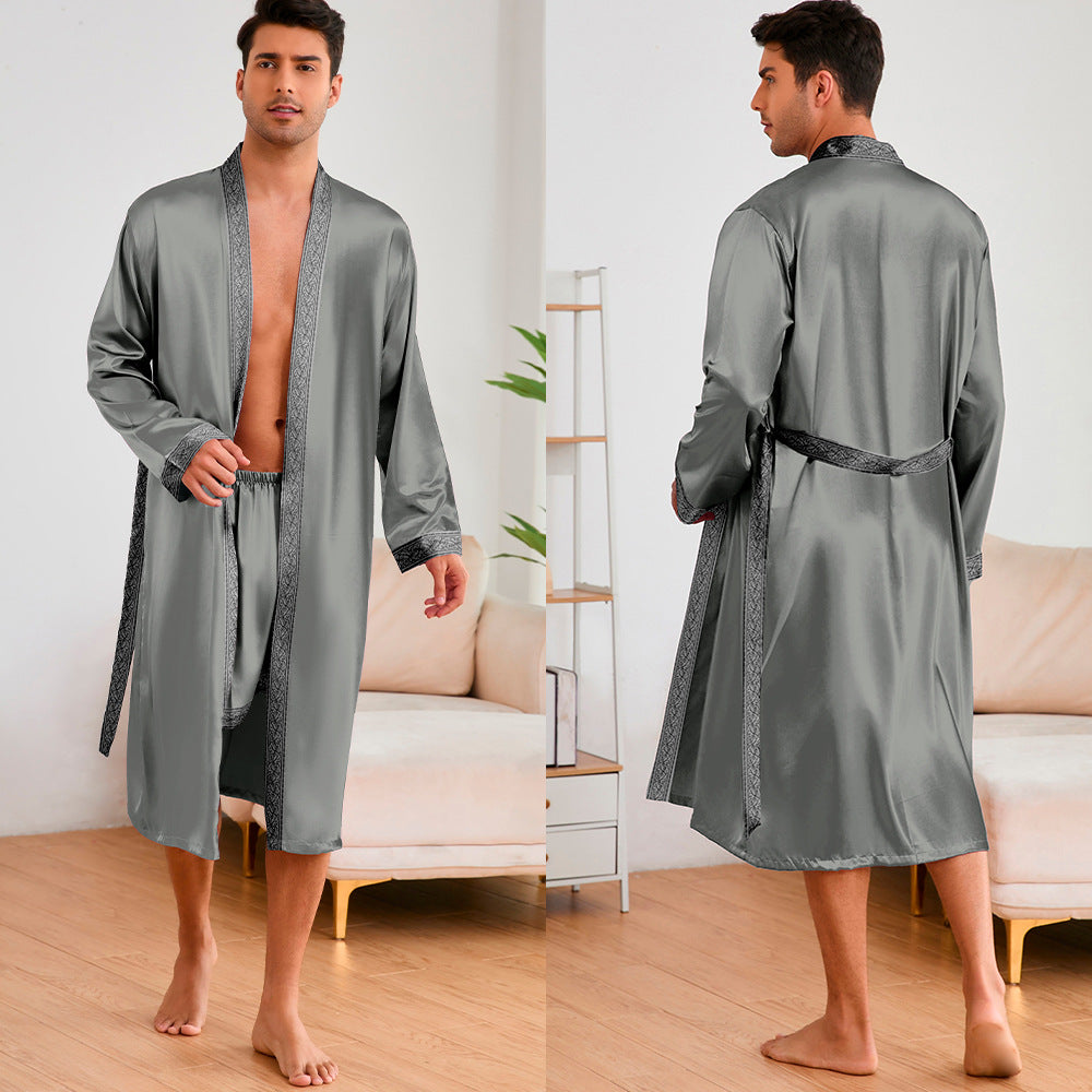Herren Satin Morgenmantel mit stilvollem Schalkragen und seitlichen Taschen WW