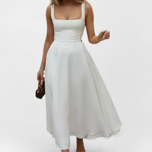 Damen Maxikleid mit elegantem Quadrat-Ausschnitt und schwingendem Rock WW