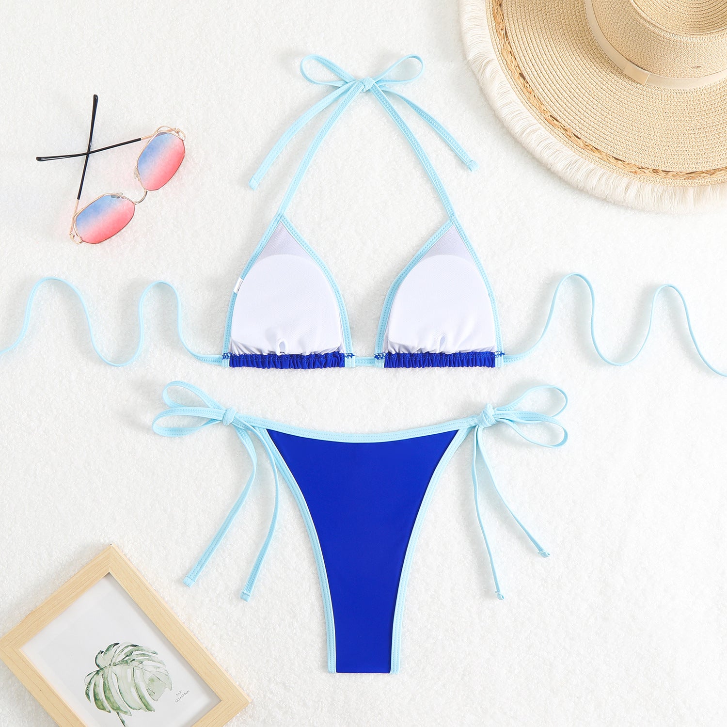 Damen Triangel-Bikini-Set mit verstellbaren Schleifen und kontrastierenden Akzenten WW