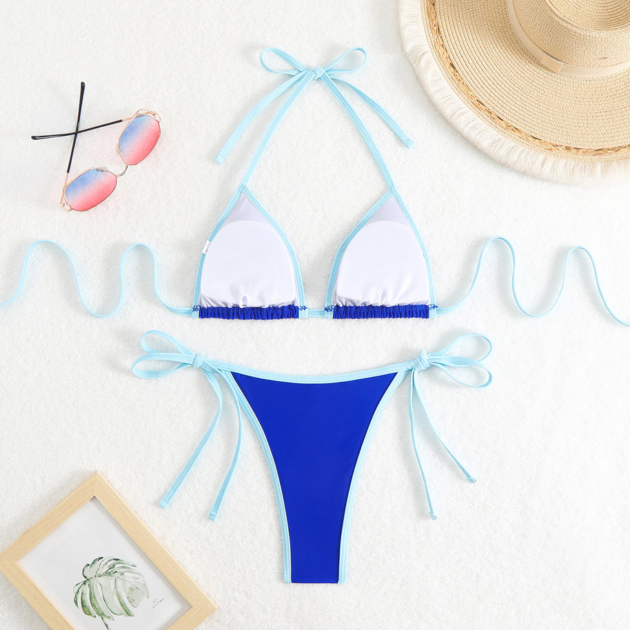Damen Triangel-Bikini-Set mit verstellbaren Schleifen und kontrastierenden Akzenten WW