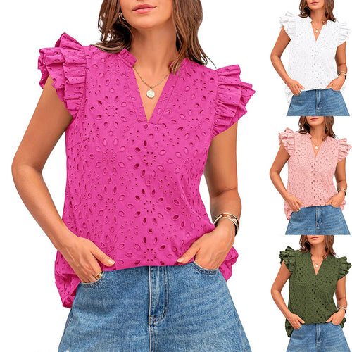 Damen Bluse mit Rüschenärmel und floralem Lochmuster WW