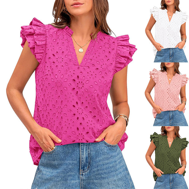 Damen Bluse mit Rüschenärmel und floralem Lochmuster WW