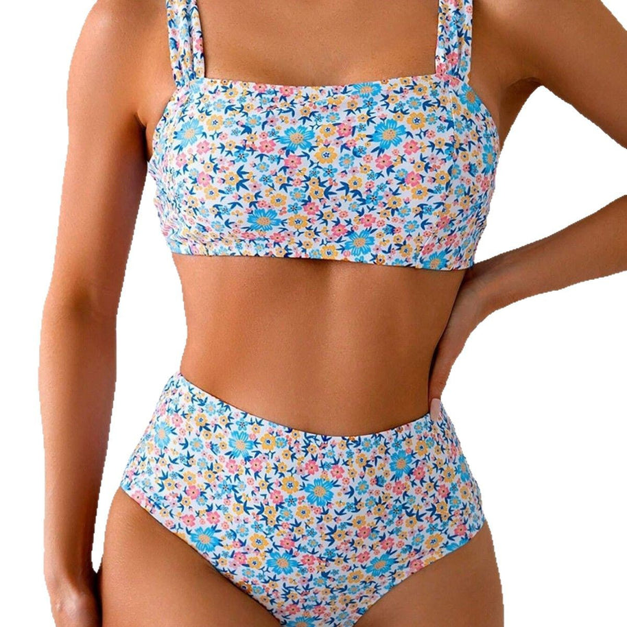 WW | Damen Hoch tailliertes Bikini-Set mit floralen Mustern und breiten Trägern