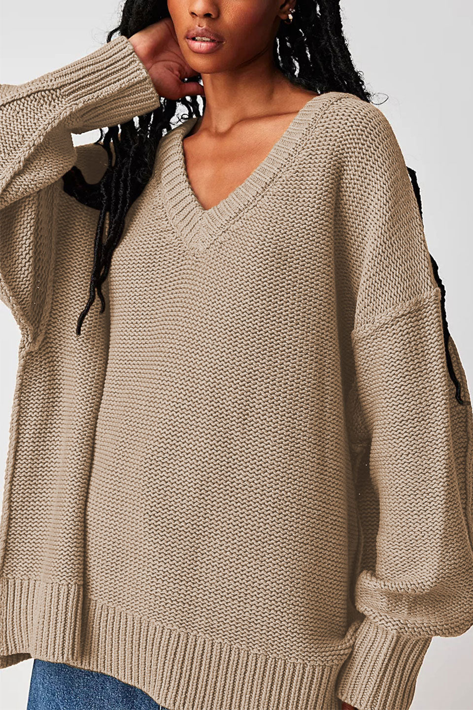 Damen V-Ausschnitt Oversized Pullover mit strukturiertem Strickmuster WW