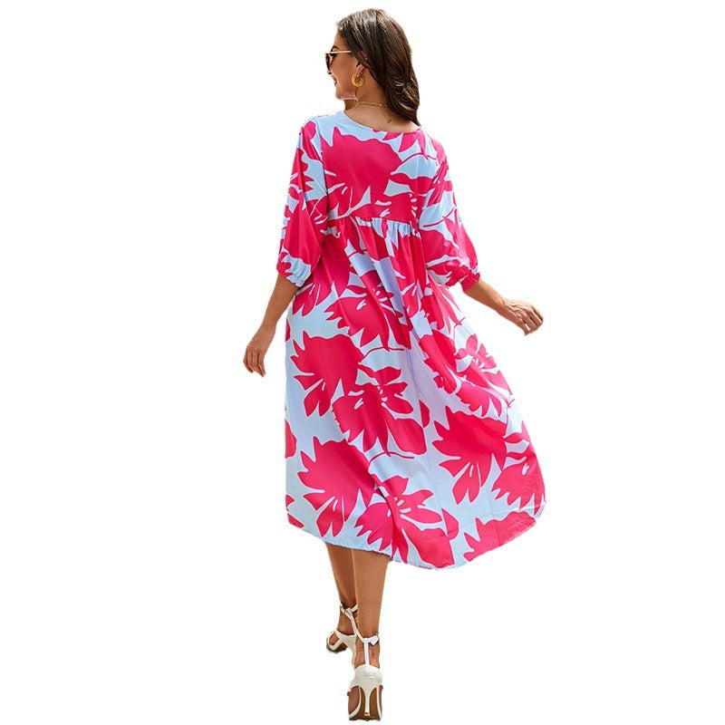 W&W Mode | Damen Kleider Boho Print Rundhalsausschnitt Mittelarm Kleid