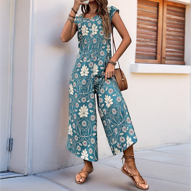 Damen Jumpsuit mit floralem Design und kastanienbraunem Bindegürtel WW