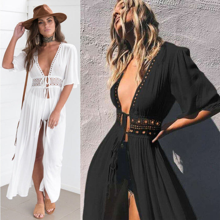 Damen Strandüberwurf mit tiefem V-Ausschnitt und exquisiten Ausschnittdetails W&W Mode