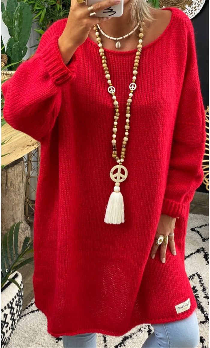 Damen lässiger Langarmstrickpullover im Oversized-Stil mit seitlichen Schlitzen W&W Mode