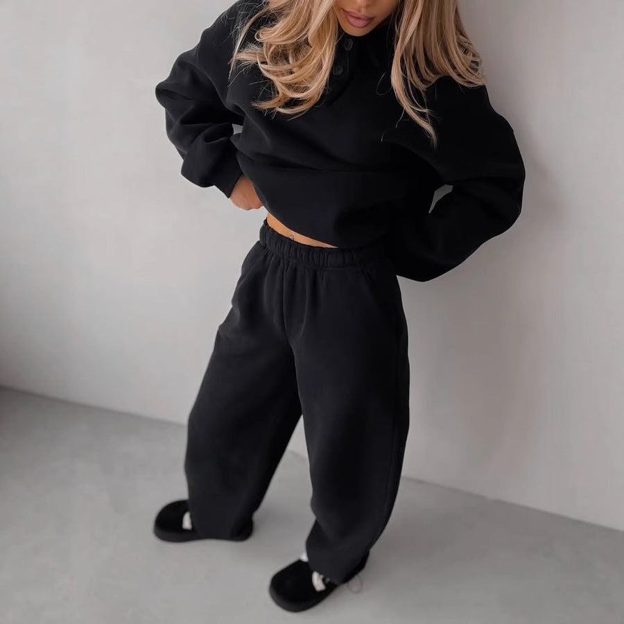 Damen sportliches Fleece-Set mit weiten Hosen und Polokragen WW