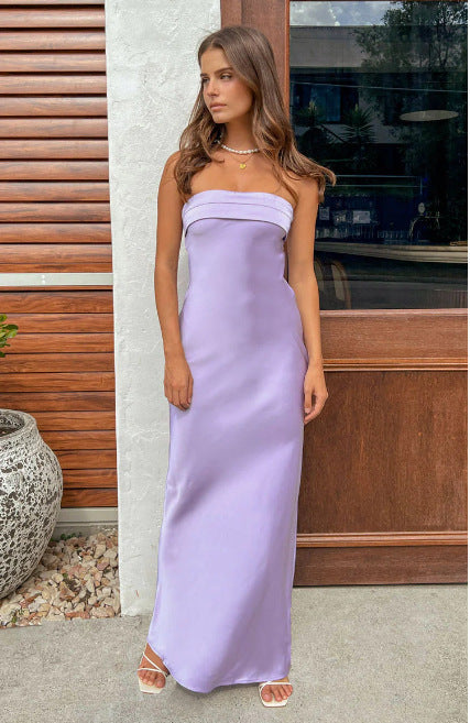 W&W Mode | Sommer Einfarbiges Trägerloses Elastisches Rückfreies Satin Kleid