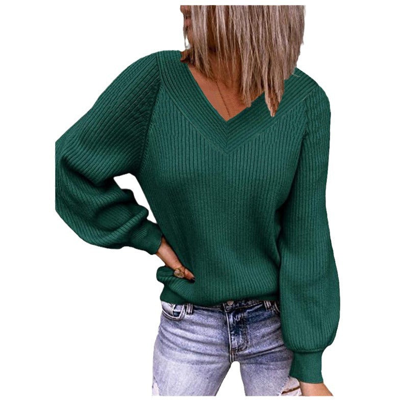 Damen Strickpullover mit V-Ausschnitt und Ballonärmeln WW