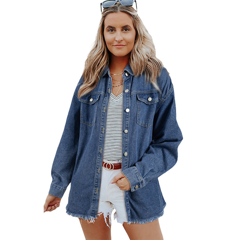 Damen Denim-Hemdjacke mit abgerundetem Saum und abnehmbaren Taschen WW