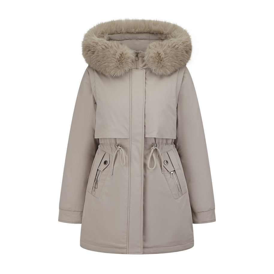 Damen Exklusive Funktionsweste mit abnehmbarer Kapuze und dekorativem Kunstfell WW