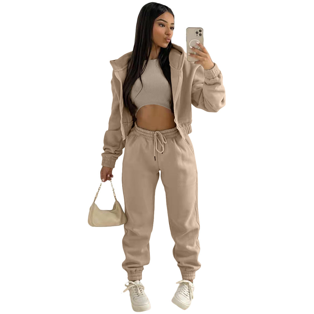 Damen stylischer Sportanzug mit lässiger Kapuzenjacke und elastischen Bundelementen WW