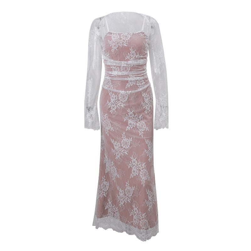 Damen Elegantes Spitzenkleid mit transparenten Ärmeln und figurbetontem Schnitt WW